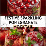 A sparkling pomegranate mocktail in a glass garnished with fresh pomegranate seeds and mint leaves.